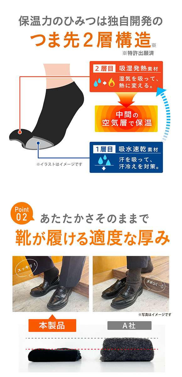 ココピタ あったか実感 レギュラー丈 クルー丈 つま先が厚い あったかソックス 冷え対策 つま先二重 吸湿発熱 保温 メンズ 通勤 通学