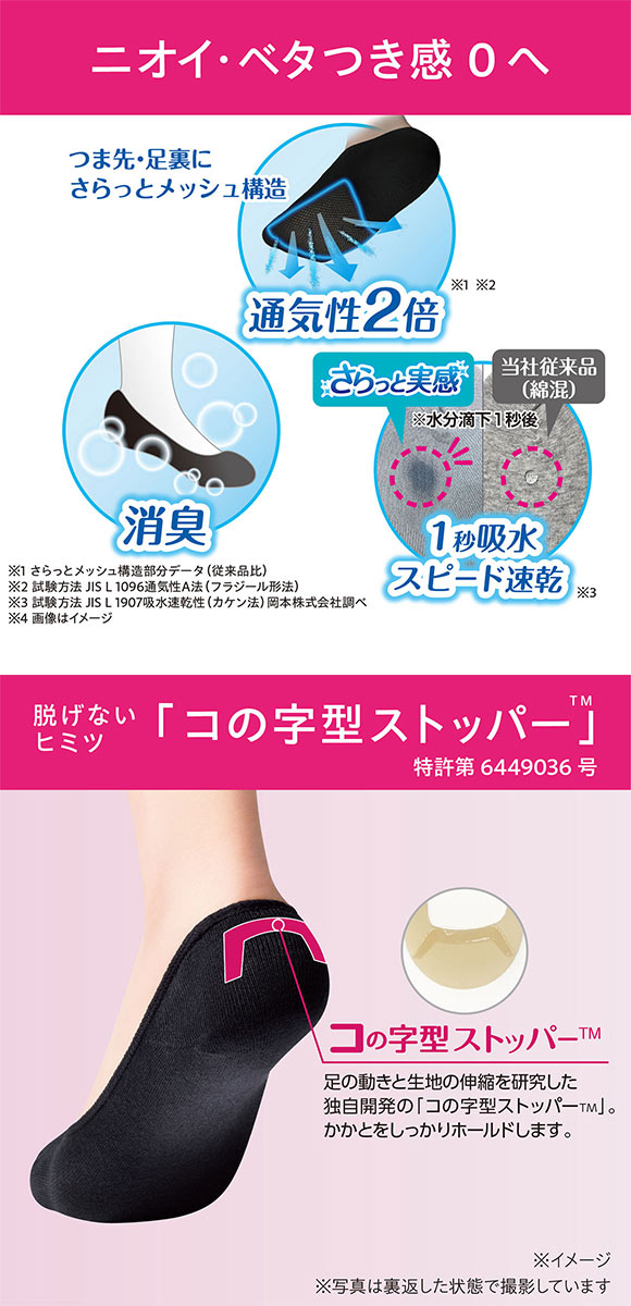 脱げないココピタプラス さらっと実感 浅履き フットカバー 消臭 メッシュ 吸水速乾 刺繍 ソックス 靴下 21-23cm 丸編み