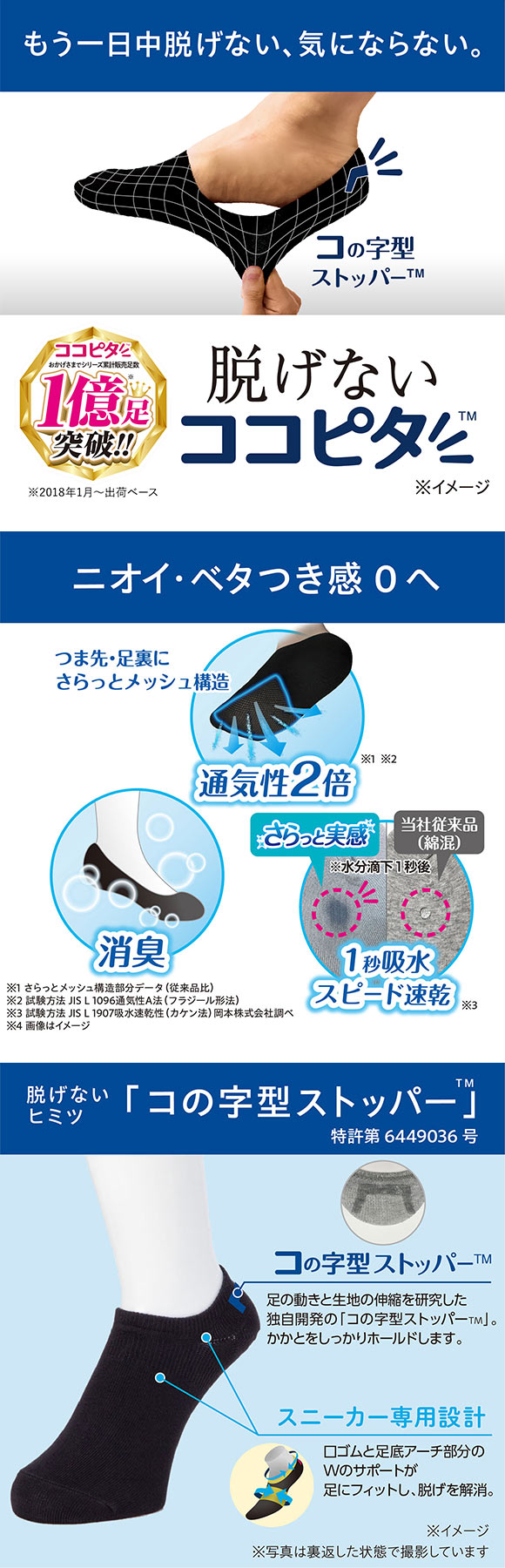 脱げないココピタプラス さらっと実感 見せないスニーカー丈 フットカバー 消臭 吸水 メッシュ okamoto メンズ 25-27cm 27-29cm