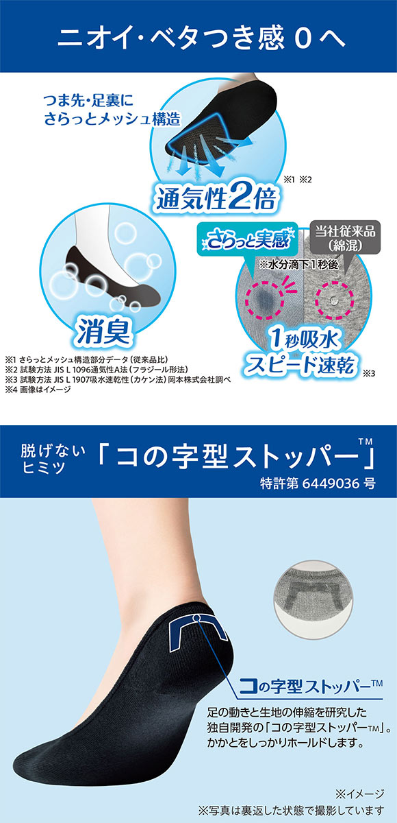 脱げないココピタプラス さらっと実感 浅履き 3足組 フットカバー 消臭 メッシュ 吸水 okamoto メンズ 25-27cm 27-29cm