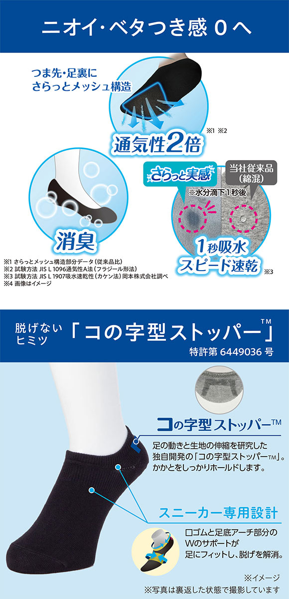 脱げないココピタプラス さらっと実感 見せないスニーカー丈 3足組 フットカバー 消臭 吸水 メッシュ okamoto メンズ 25-27cm 27-29cm