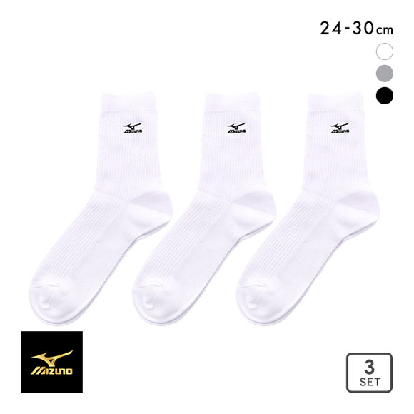 ミズノ MIZUNO ソックス 靴下 クルー丈 3足組 リブ 刺繍 高耐久 サポート メンズ 24-26cm 26-28cm 28-30cm