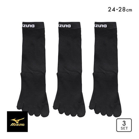 ミズノ MIZUNO ソックス 靴下 クルー丈 5本指 3足組 黒 ロゴ サポート メンズ 24-26cm 26-28cm