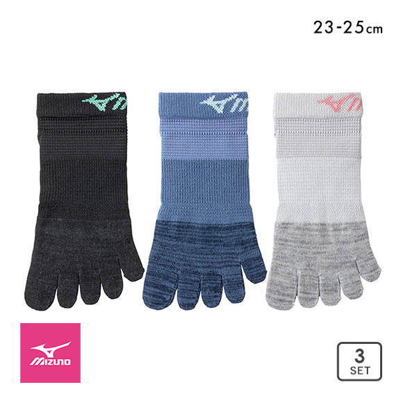 ミズノ MIZUNO RUN&WALK ソックス スニーカー丈 靴下 3足組 5本指 サポート スポーツ レディース 23-25cm