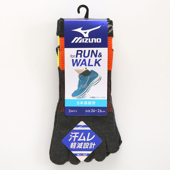 ミズノ MIZUNO RUN&WALK ソックス 靴下 スニーカー丈 5本指 3足組 サポート メンズ スポーツ 24-26cm 26-28cm