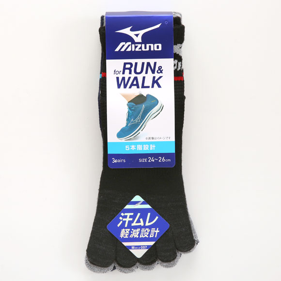 ミズノ MIZUNO RUN&WALK ソックス 靴下 ショート丈 5本指 3足組 サポート メンズ スポーツ 24-26cm 26-28cm
