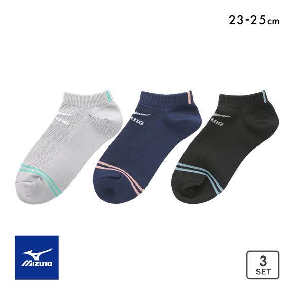 ミズノ DRY ソックス スニーカー丈 3足セット 速乾 甲メッシュ 通気性 破れにくい レディース 23-25cm 靴下 MIZUNO