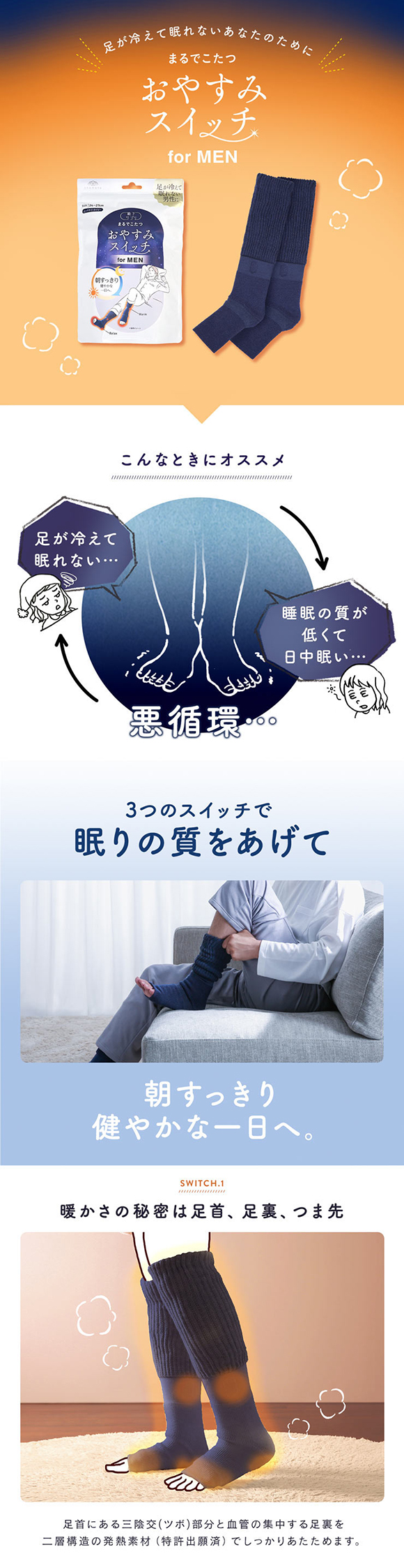 靴下サプリ おやすみスイッチ まるでこたつ メンズ 足先カットソックス