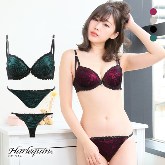 ハラークイン Harlequin ブラック レーシー 3/4カップ ブラジャー ショーツ セット 3点セット スタンダード Tバック バックレース
