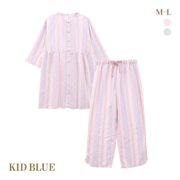 キッドブルー 25CRサッカーストライプ ルームウェア 8分袖 ロングパンツ 上下セット パジャマ KID BLUE