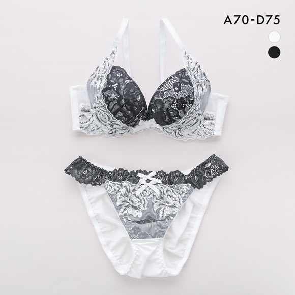 サンエイ 脇高 モノクロフラワーブーケ ブラセット ABCD 盛り 脇肉 はみ肉すっきり 脇寄せ ブラジャー ショーツ セット 美胸 SANEI