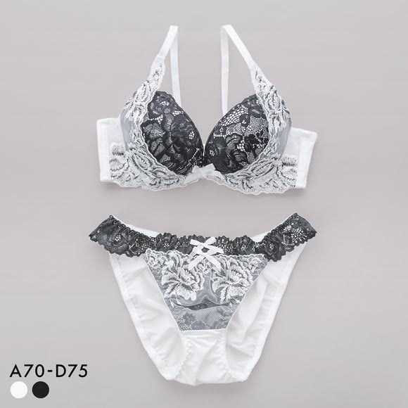 サンエイ 脇高 モノクロフラワーブーケ ブラセット ABCD 盛り 脇肉 はみ肉すっきり 脇寄せ ブラジャー ショーツ セット 美胸 SANEI
