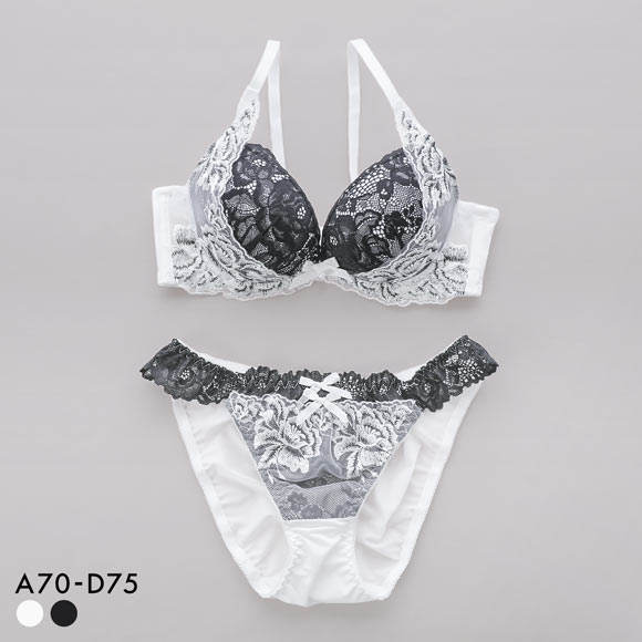 サンエイ 脇高 モノクロフラワーブーケ ブラセット ABCD 盛り 脇肉 はみ肉すっきり 脇寄せ ブラジャー ショーツ セット 美胸 SANEI