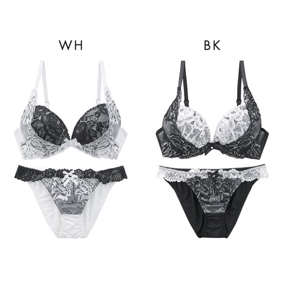 サンエイ 脇高 モノクロフラワーブーケ ブラセット ABCD 盛り 脇肉 はみ肉すっきり 脇寄せ ブラジャー ショーツ セット 美胸 SANEI