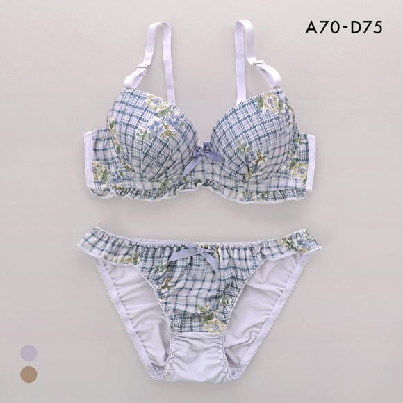 サンエイ ガーリーチェックフラワー ブラセット ABCD 脇肉 はみ肉すっきり 脇寄せ ブラジャー ショーツ セット 美胸 谷間 SANEI