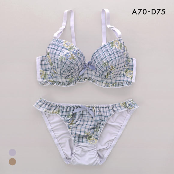 サンエイ ガーリーチェックフラワー ブラセット ABCD 脇肉 はみ肉すっきり 脇寄せ ブラジャー ショーツ セット 美胸 谷間 SANEI