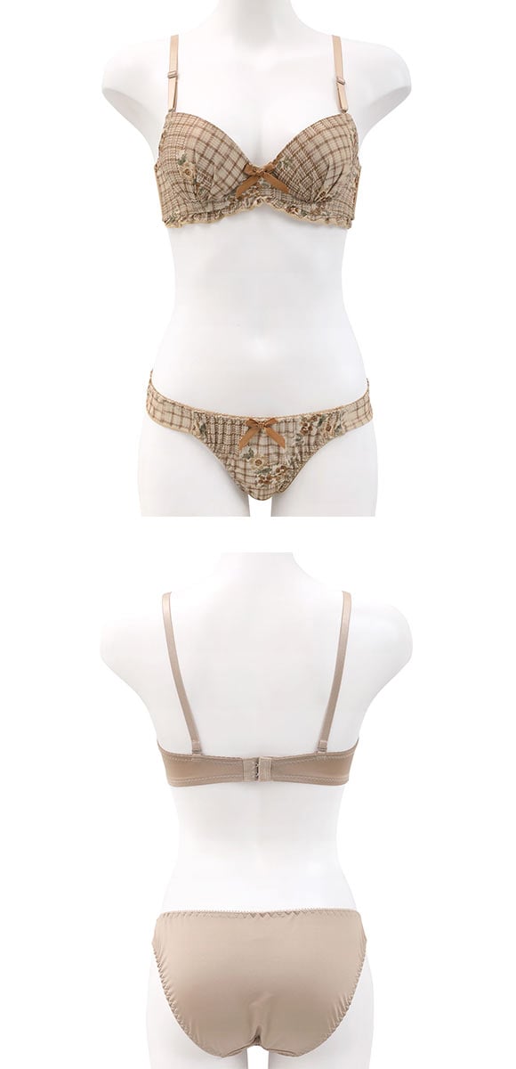 サンエイ ガーリーチェックフラワー ブラセット ABCD 脇肉 はみ肉すっきり 脇寄せ ブラジャー ショーツ セット 美胸 谷間 SANEI