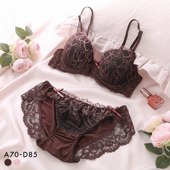 サンエイ ガーリーハートフラワー刺繍 ブラセット ABCD バックレース 美胸 丸胸 SANEI