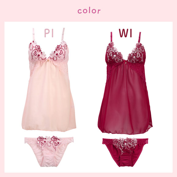 サンエイ ハートライン刺繍 カップ付き スリップ＆ショーツ ランジェリー ベビードール キャミ 上下セット SANEI