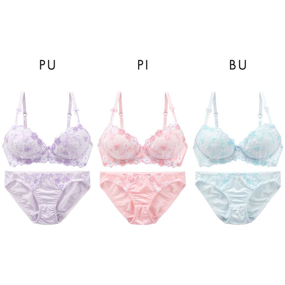 サンエイ SANEI ギュピールレース 小花刺繍 ノンワイヤー ブラジャー ショーツ セット ブラセット ワイヤレス らくちん