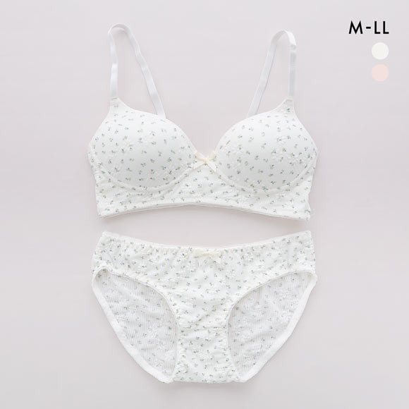 サンエイ リラックス＆ナチュラル ぽこぽこリブ小花 ノンワイヤーブラセット M L LL ブラレット ブラジャー ショーツ セット SANEI