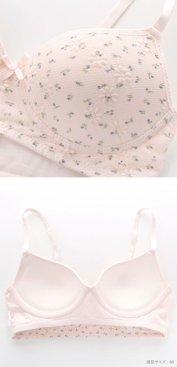 サンエイ リラックス＆ナチュラル ぽこぽこリブ小花 ノンワイヤーブラセット M L LL ブラレット ブラジャー ショーツ セット SANEI