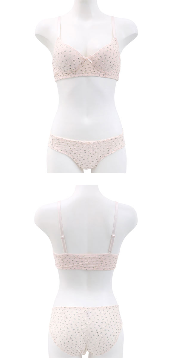 サンエイ リラックス＆ナチュラル ぽこぽこリブ小花 ノンワイヤーブラセット M L LL ブラレット ブラジャー ショーツ セット SANEI