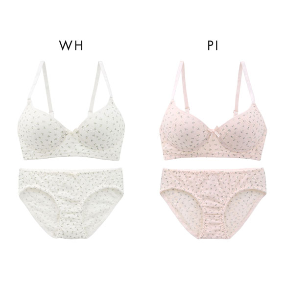 サンエイ リラックス＆ナチュラル ぽこぽこリブ小花 ノンワイヤーブラセット M L LL ブラレット ブラジャー ショーツ セット SANEI