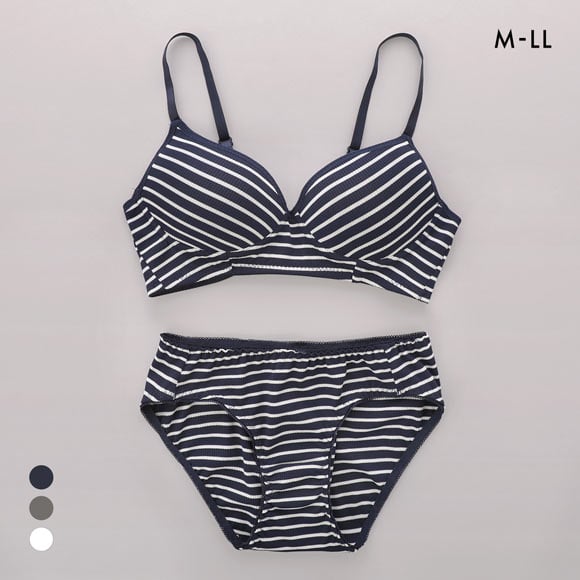 サンエイ リラックス＆ナチュラル ボーダーリブ ノンワイヤー ブラセット M L LL ブラレット ワイヤレス ナイトブラ SANEI