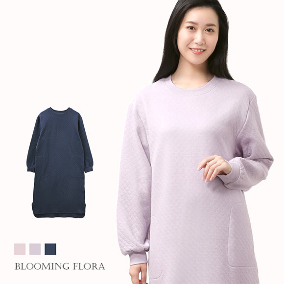 ブルーミングフローラ 綿100％ キルトニット パジャマ ワンピース 長袖 あったか シンプル おしゃれ ルームウェア ラウンドカット裾 春秋冬