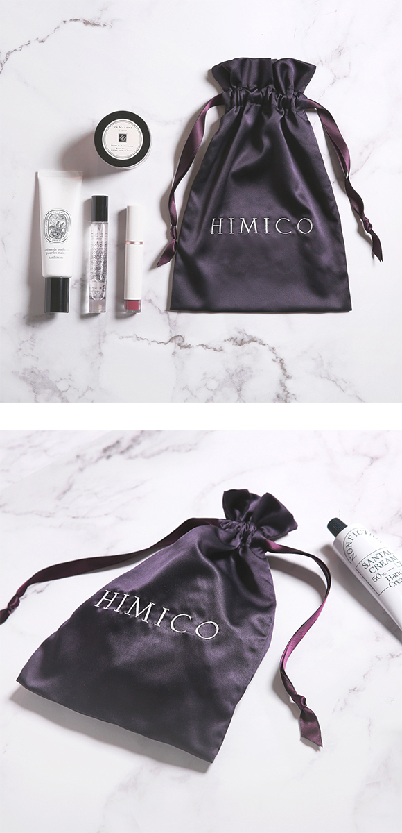 HIMICO ミニポーチ 巾着 単品 小物入れ サテン プレゼント ギフト 旅行 ロゴ入り シンプル