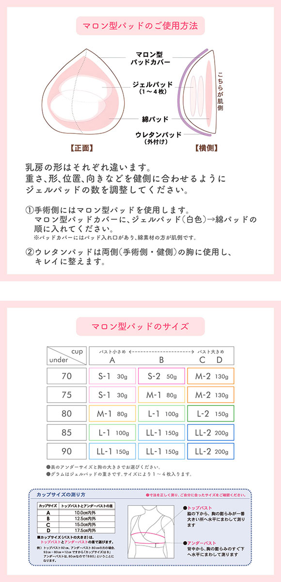 マロン型パッドセット M1 L1 重さ調節可能 パッド 乳がん手術 術後 バストサイズ カップ 補正 ブレストケア 胸 全摘出 ブライトアイズ