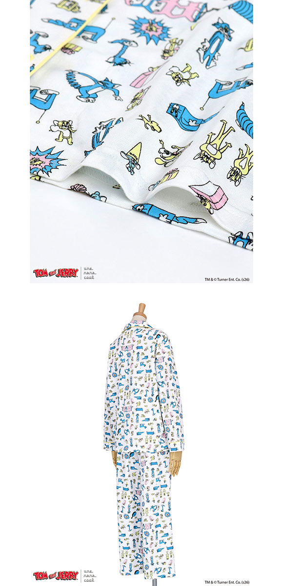 ウンナナクール トムとジェリー × une nana cool 綿100 長袖開襟パジャマ ルームウェア 上下セット レディース une nana cool