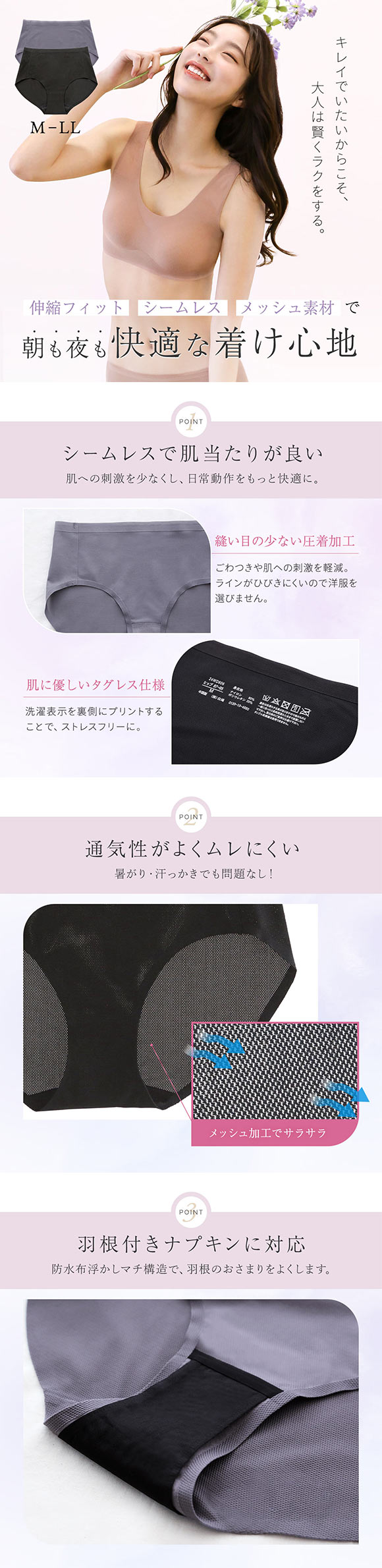 【3色セット】メッシュサニタリー 羽根つきナプキン対応 股上深め 大きいサイズ 春夏 猛暑 暑さ対策 ムレない Ｍ Ｌ LL