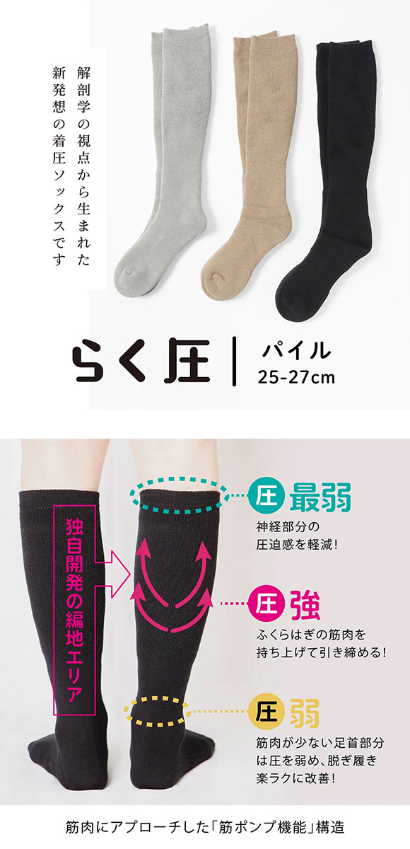 SUKENO らく圧 着圧 パイル ハイソックス メンズ ソックス 靴下 25