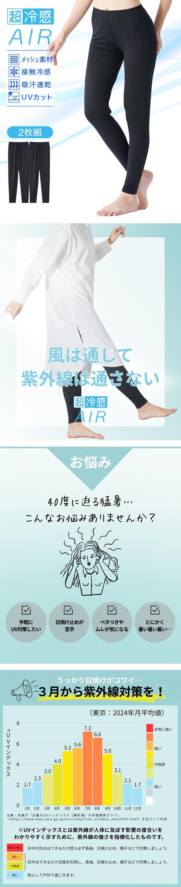 ニッセン 超冷感ＡＩＲ 10分丈 レギンス 2枚組 接触冷感 吸汗速乾 UVカット M-L L-LL nissen