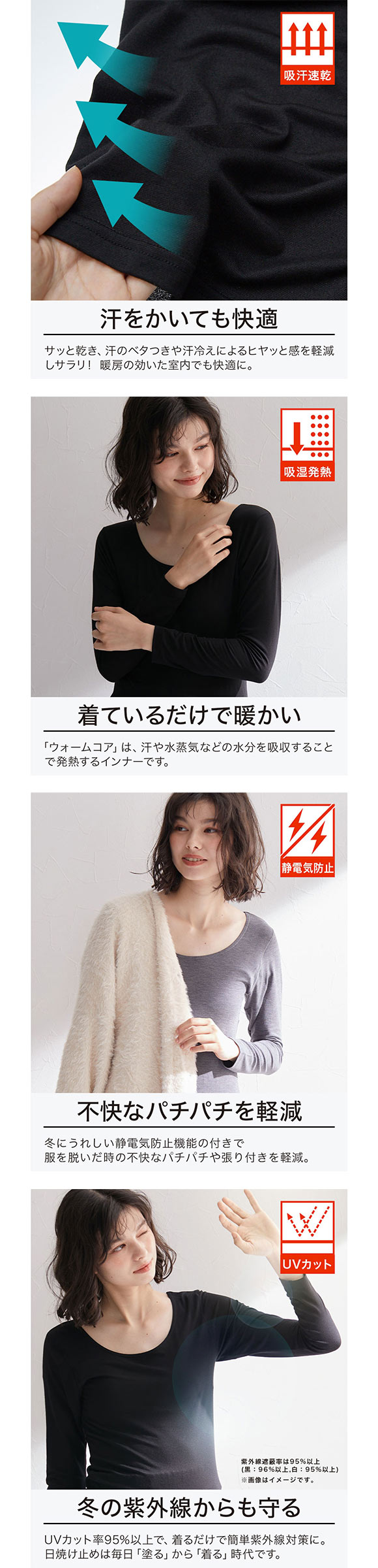 ニッセン 暑がりさんの冬インナー 襟ぐり広め丈長め長袖インナー M L 2枚組 吸湿発熱 吸汗速乾 UVカット 静電防止 ウォームコアAIR