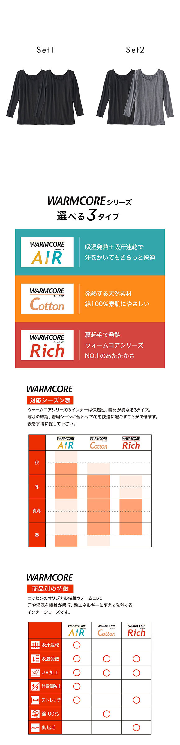 ニッセン 暑がりさんの冬インナー 襟ぐり広め丈長め長袖インナー 3L 2枚組 吸湿発熱 吸汗速乾 UVカット 静電防止 ウォームコアAIR