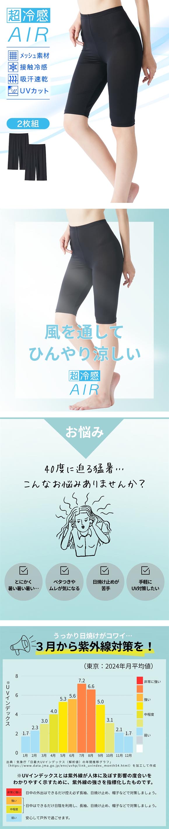 ニッセン 超冷感ＡＩＲ 5分丈 オーバーパンツ 2枚組 接触冷感 吸汗速乾 UVカット LL-3L 大きいサイズ nissen