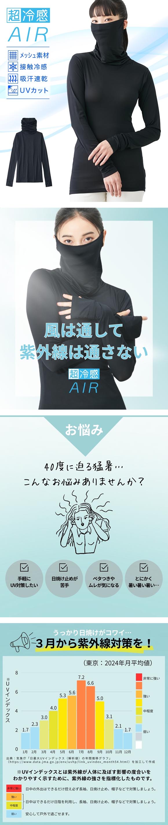 ニッセン 超冷感ＡＩＲ 指穴付き 鼻まですっぽり タートル 長袖 インナー 接触冷感 吸汗速乾 UVカット LL 3L 大きいサイズ nissen