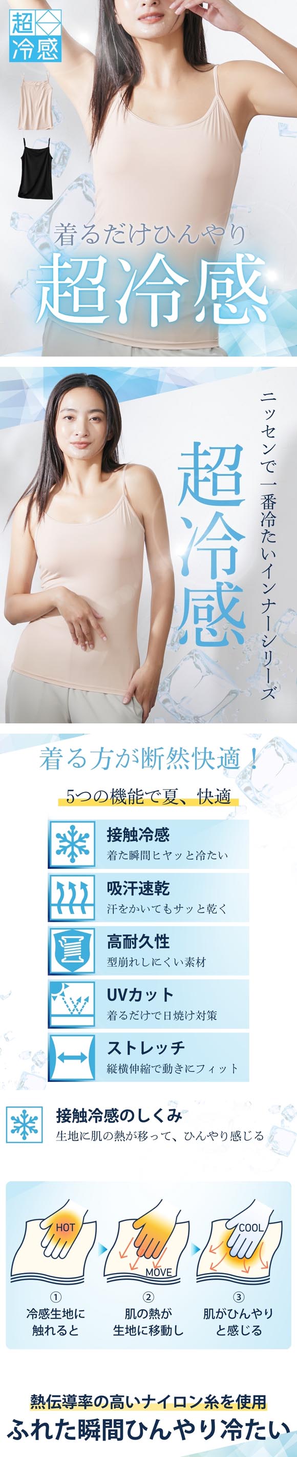 ニッセン 超冷感 キャミソール 接触冷感 吸汗速乾 UVカット レディース インナー S M L nissen