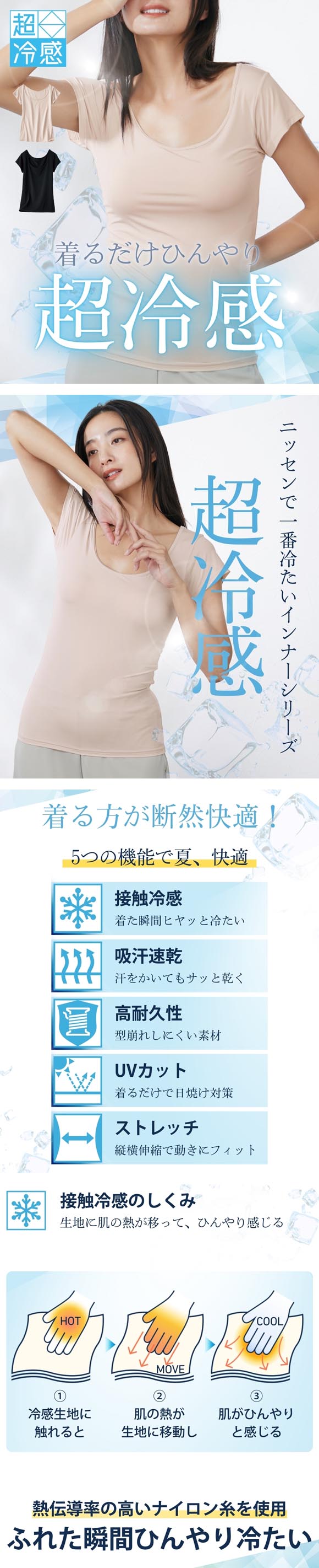 ニッセン 超冷感 フレンチ袖 インナー 接触冷感 吸汗速乾 UVカット レディース インナー LL 3L 大きいサイズ nissen