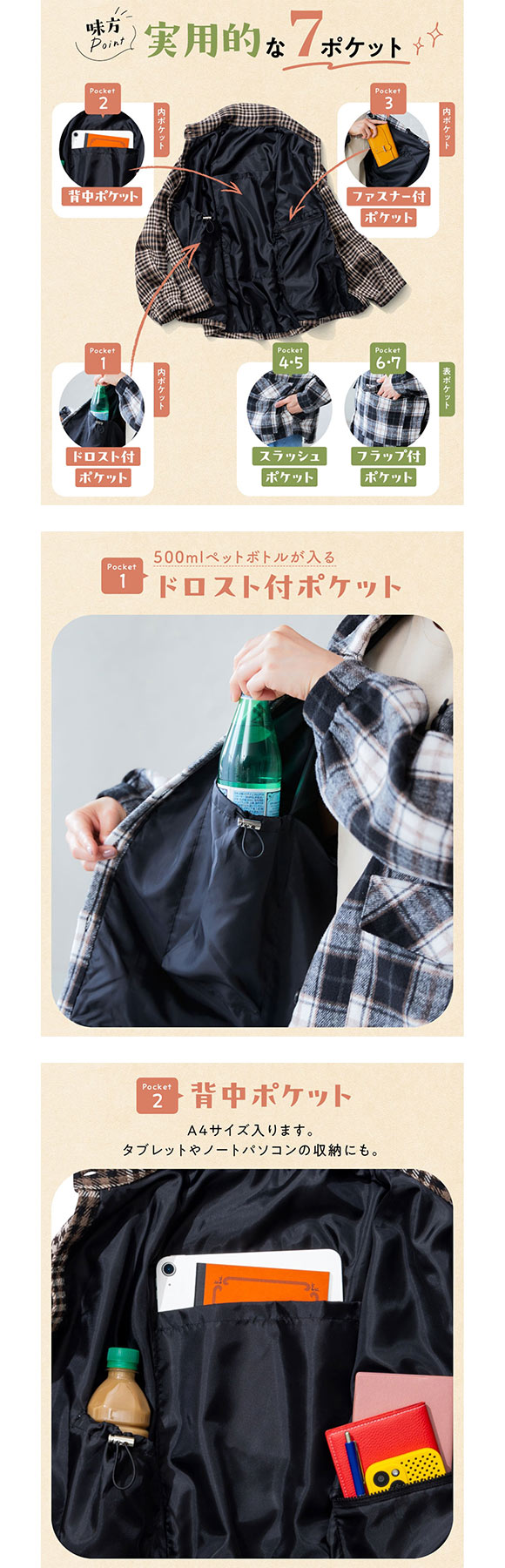 ニッセン　多ポケットチェックシャツジャケット ハンズフリー 私の味方服 SM nissen