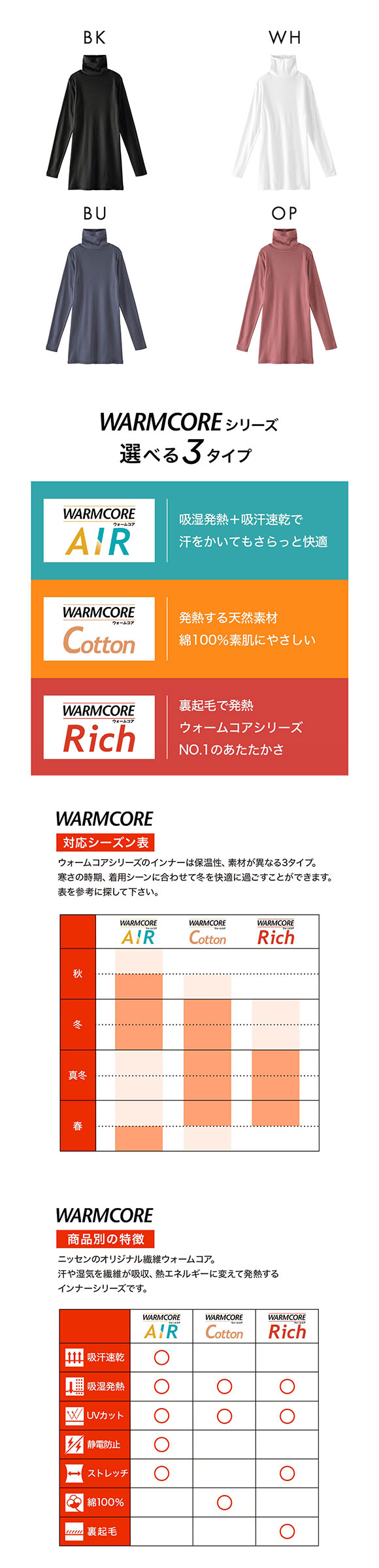 ニッセン 綿100％ ウォームコアコットン ロング丈タートルネック長袖インナー 吸湿発熱 UVカット nissen