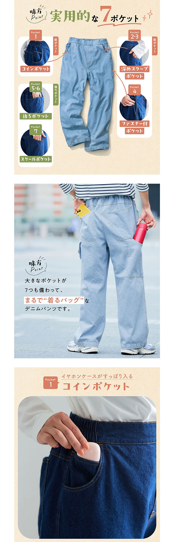 ニッセン ペインターデニムワイドパンツ 大容量ポケット付 私の味方服 L-LL 大きいサイズ NISSEN