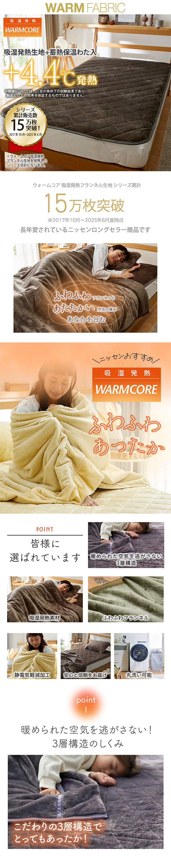 吸湿発熱フランネル敷きパッド蓄熱保温わた入 ウォームコア ダブル あったか nissen ニッセン