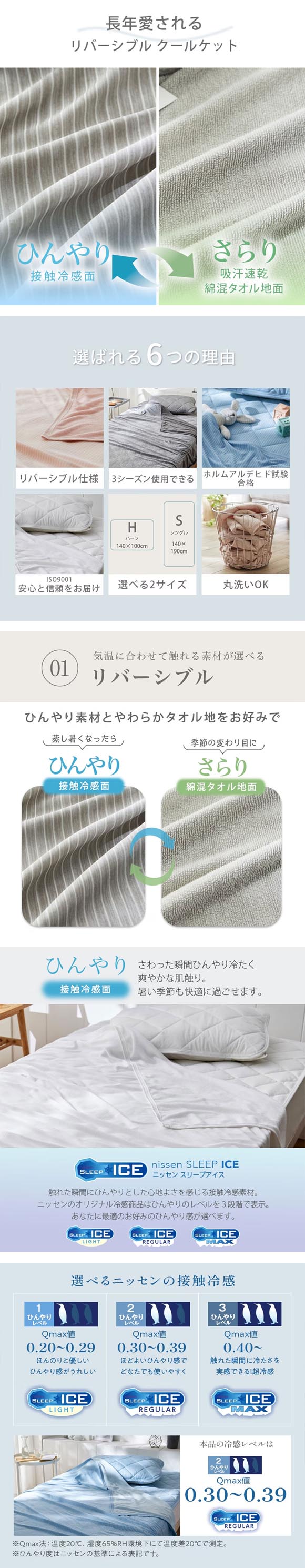 ニッセン 接触冷感×綿混タオル地 吸汗速乾 リバーシブル クールケット シングル nissen