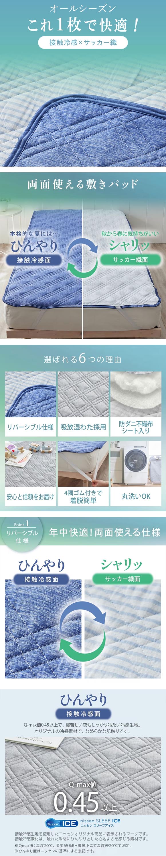 ニッセン 超冷感×綿100% シャリッとした肌ざわり サッカー織 吸放湿 防ダニシート入り リバーシブル 敷パッド シングル nissen