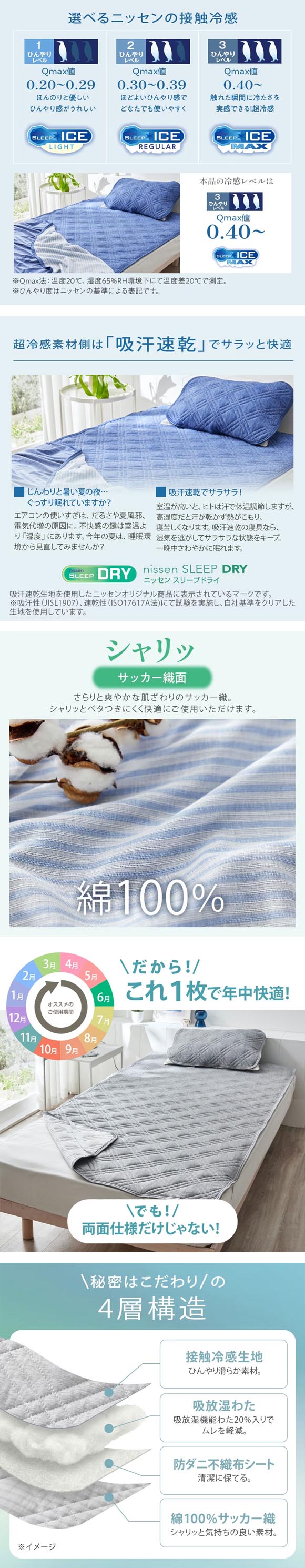 ニッセン 超冷感×綿100% シャリッとした肌ざわり サッカー織 吸放湿 防ダニシート入り リバーシブル 敷パッド セミダブル nissen
