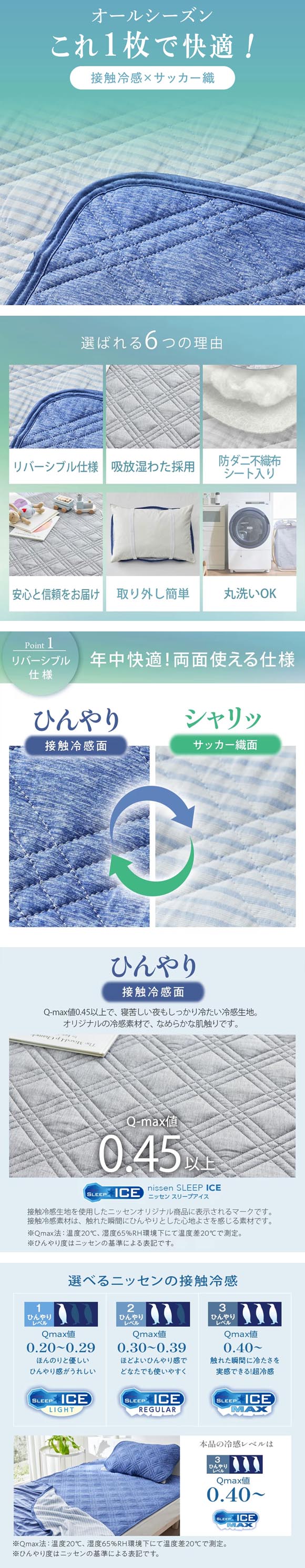 ニッセン 超冷感×綿100% シャリッとした肌ざわり サッカー織 吸放湿 防ダニシート入り リバーシブル枕パッド 同色2枚組 43×63cm用 nissen